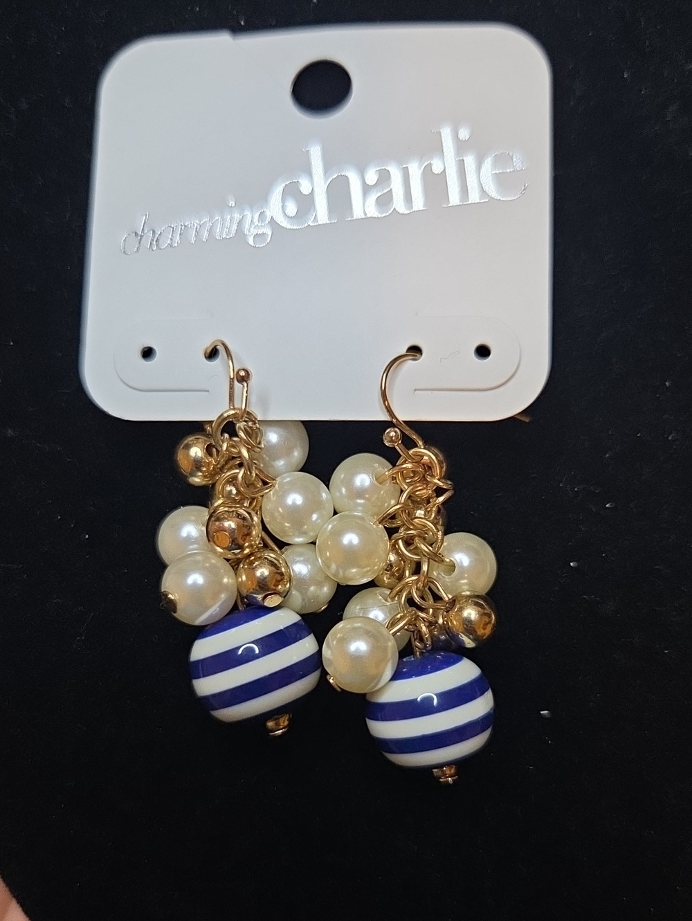Charming Charlie Navy & Pearl Cluster Dangle Earrings